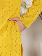 MULTI SHADES Men's Long Sleeve Mandarin Collar Straight Yellow Cotton Kurta With Thread Embroidery | Grocsy