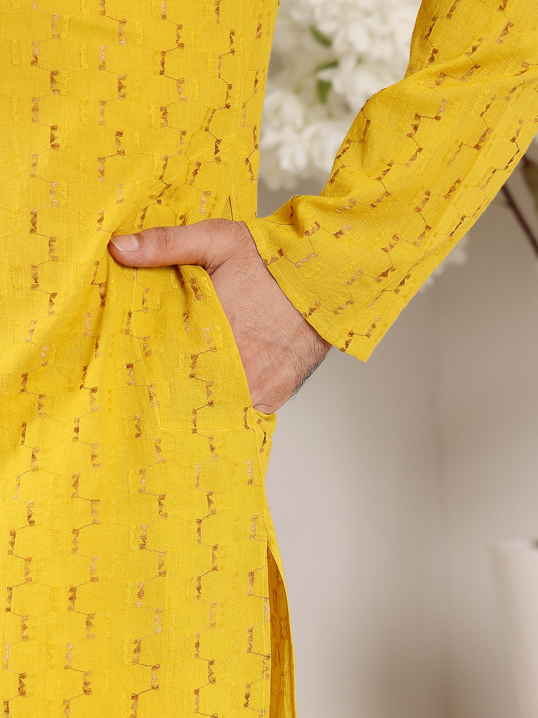 MULTI SHADES Men's Long Sleeve Mandarin Collar Straight Yellow Cotton Kurta With Thread Embroidery | Grocsy