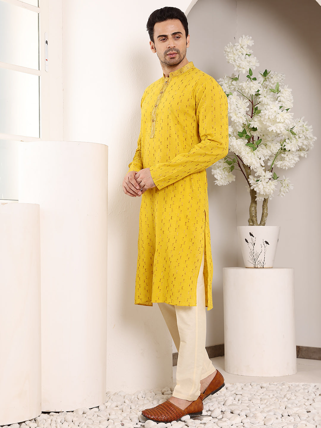 MULTI SHADES Men's Long Sleeve Mandarin Collar Straight Yellow Cotton Kurta With Thread Embroidery | Grocsy