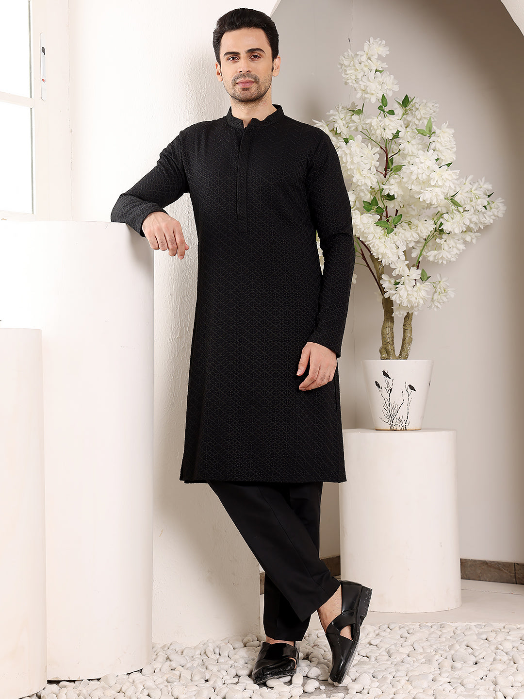 MULTI SHADES Men's Straight Classic Black Rayon Silk Chikankari Kurta,Black Solid Trouser Style Churidar | Grocsy