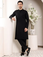 MULTI SHADES Men's Long Sleeve Mandarin Collar Straight Classic Black Rayon Silk Chikankari Kurta | Grocsy