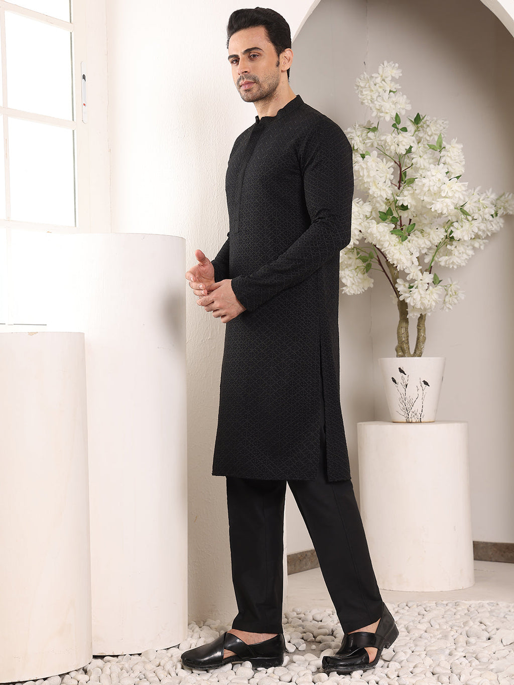 MULTI SHADES Men's Straight Classic Black Rayon Silk Chikankari Kurta,Black Solid Trouser Style Churidar | Grocsy