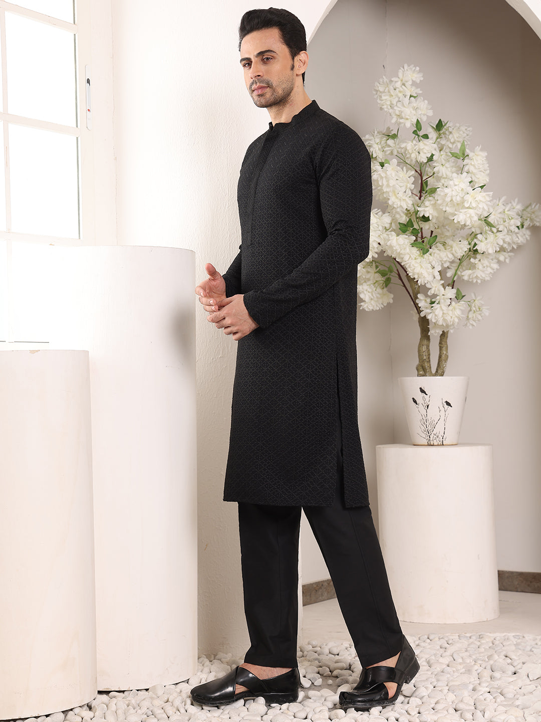 MULTI SHADES Men's Straight Classic Black Rayon Silk Chikankari Kurta,Black Solid Trouser Style Churidar | Grocsy