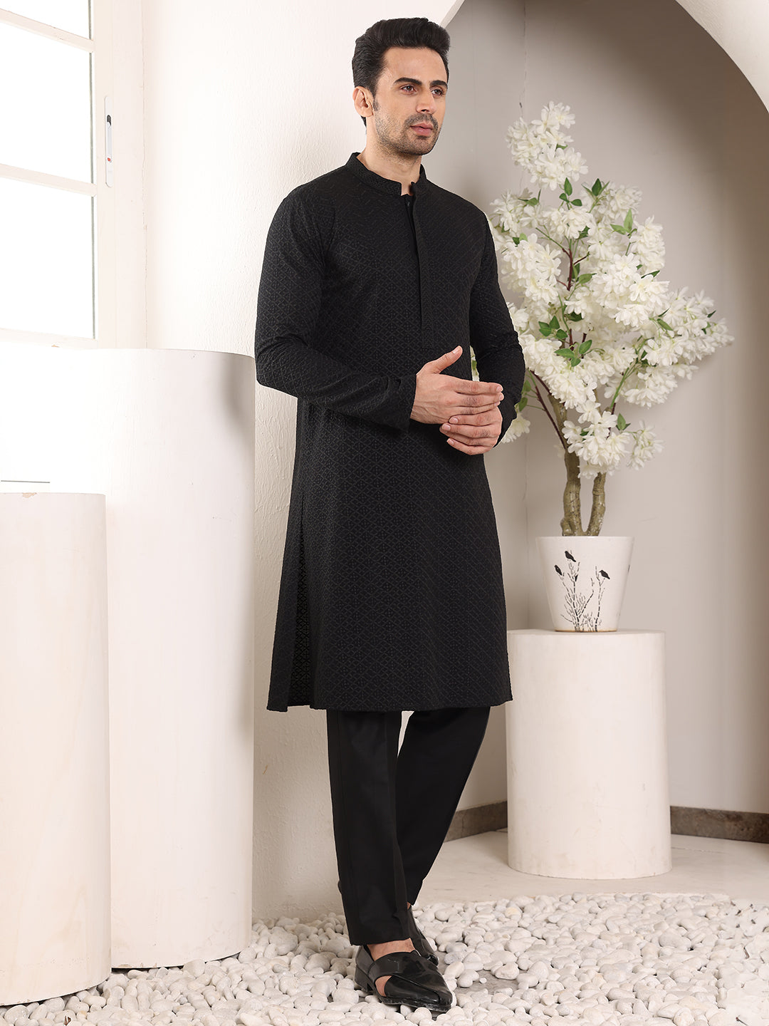MULTI SHADES Men's Straight Classic Black Rayon Silk Chikankari Kurta,Black Solid Trouser Style Churidar | Grocsy