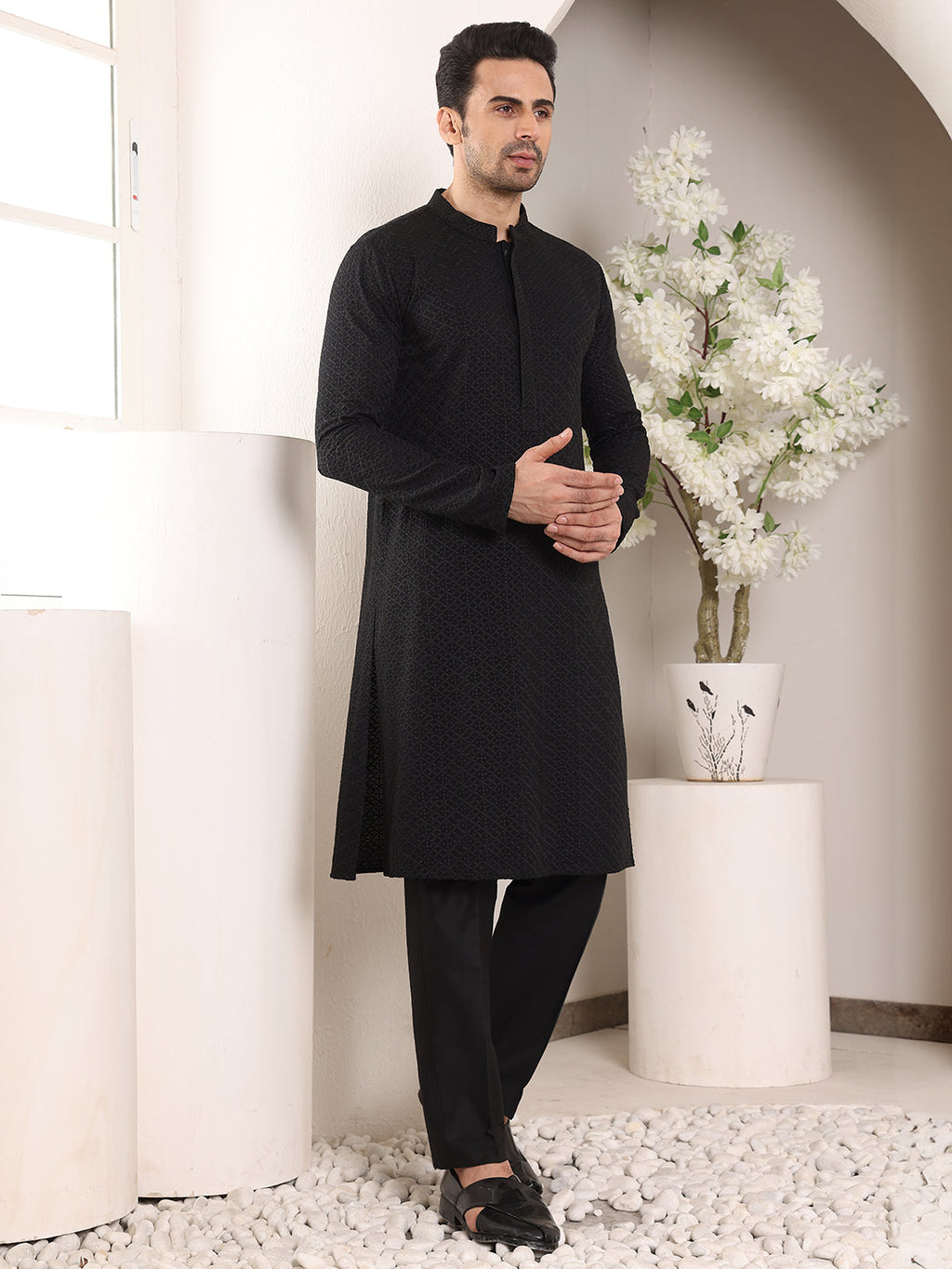 MULTI SHADES Men's Long Sleeve Mandarin Collar Straight Classic Black Rayon Silk Chikankari Kurta | Grocsy