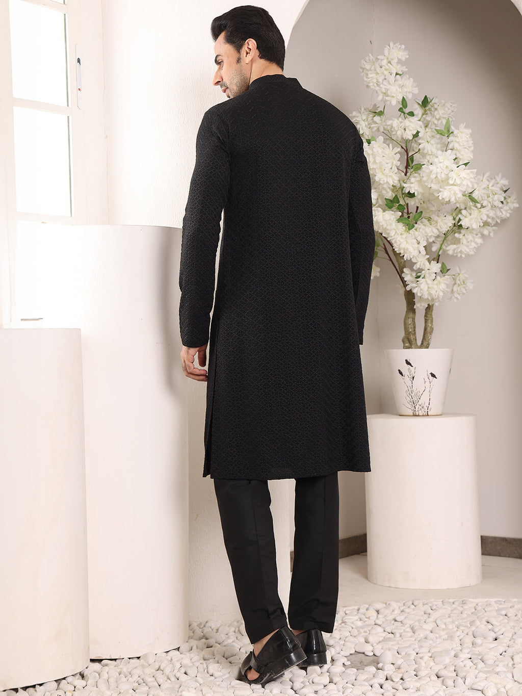 MULTI SHADES Men's Straight Classic Black Rayon Silk Chikankari Kurta,Black Solid Trouser Style Churidar | Grocsy