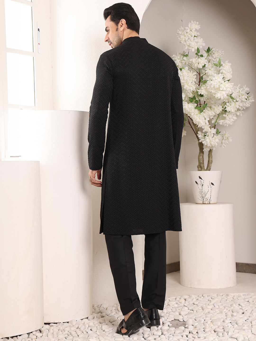 MULTI SHADES Men's Straight Classic Black Rayon Silk Chikankari Kurta,Black Solid Trouser Style Churidar | Grocsy