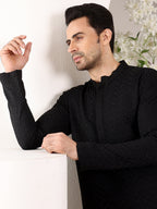 MULTI SHADES Men's Long Sleeve Mandarin Collar Straight Classic Black Rayon Silk Chikankari Kurta | Grocsy