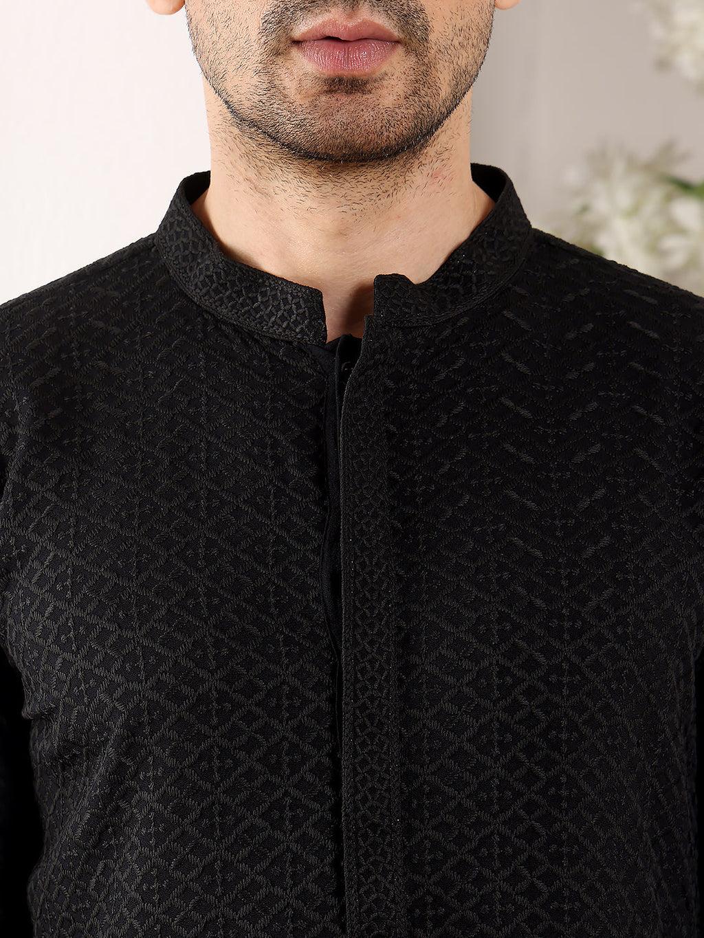 MULTI SHADES Men's Straight Classic Black Rayon Silk Chikankari Kurta,Black Solid Trouser Style Churidar | Grocsy