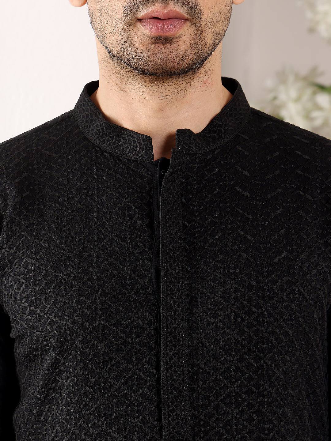MULTI SHADES Men's Long Sleeve Mandarin Collar Straight Classic Black Rayon Silk Chikankari Kurta | Grocsy