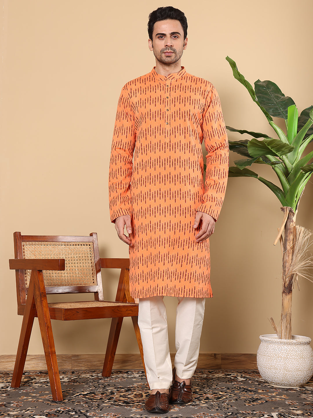 MULTI SHADES Men's Orange Straight Cotton Printed Kurta,Cream Solid Trouser Style Churidar | Grocsy
