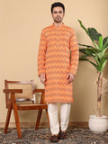 MULTI SHADES Men's Long Sleeve Mandarin Collar Orange Straight Cotton Printed Kurta | Grocsy