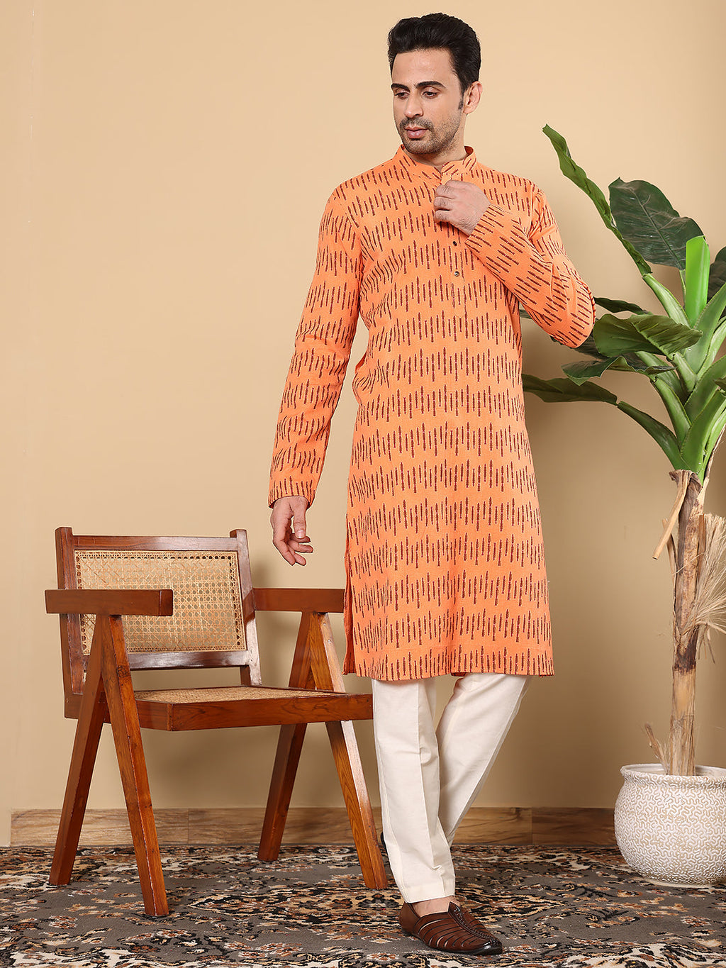 MULTI SHADES Men's Orange Straight Cotton Printed Kurta,Cream Solid Trouser Style Churidar | Grocsy