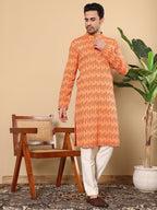 MULTI SHADES Men's Long Sleeve Mandarin Collar Orange Straight Cotton Printed Kurta | Grocsy