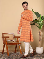MULTI SHADES Men's Orange Straight Cotton Printed Kurta,Cream Solid Trouser Style Churidar | Grocsy