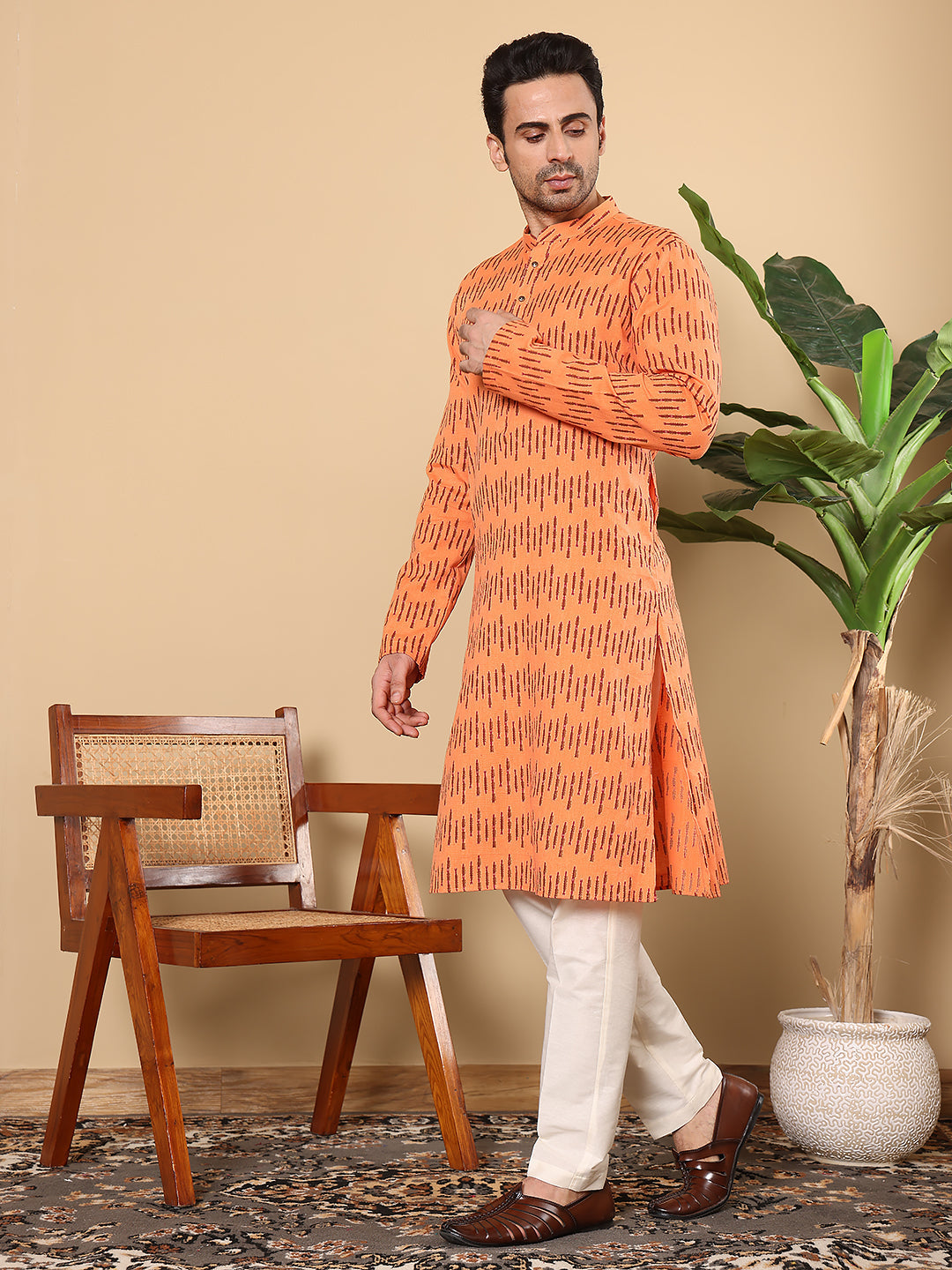 MULTI SHADES Men's Orange Straight Cotton Printed Kurta,Cream Solid Trouser Style Churidar | Grocsy