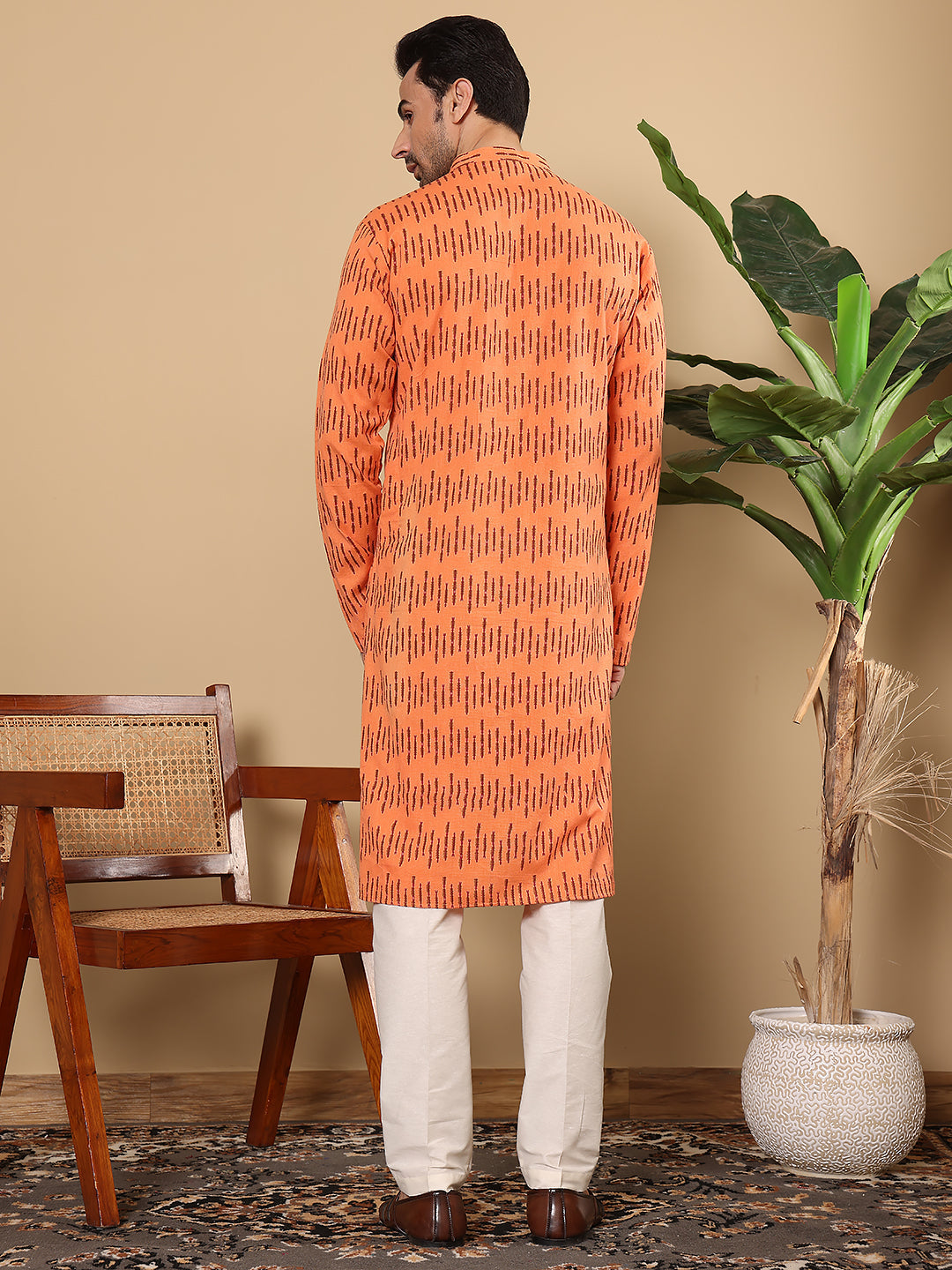 MULTI SHADES Men's Orange Straight Cotton Printed Kurta,Cream Solid Trouser Style Churidar | Grocsy