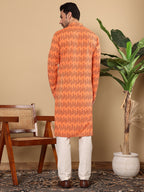MULTI SHADES Men's Long Sleeve Mandarin Collar Orange Straight Cotton Printed Kurta | Grocsy