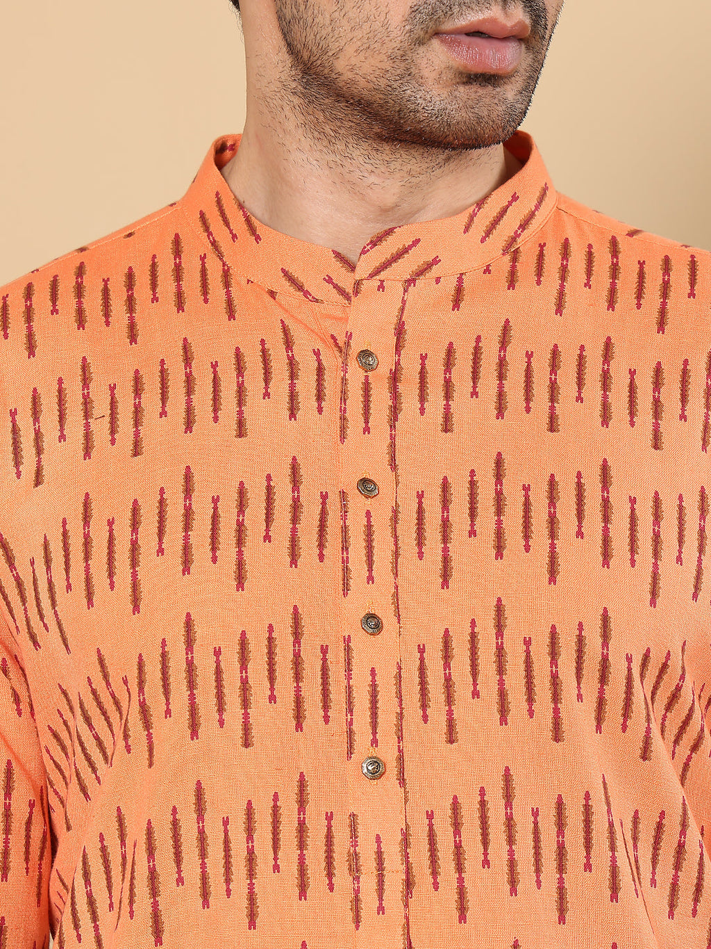 MULTI SHADES Men's Orange Straight Cotton Printed Kurta,Cream Solid Trouser Style Churidar | Grocsy