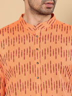 MULTI SHADES Men's Long Sleeve Mandarin Collar Orange Straight Cotton Printed Kurta | Grocsy