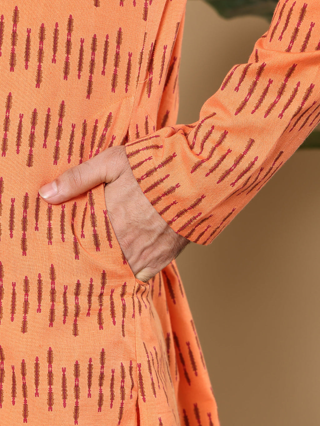 MULTI SHADES Men's Orange Straight Cotton Printed Kurta,Cream Solid Trouser Style Churidar | Grocsy