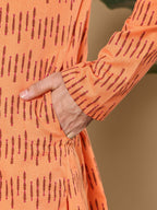 MULTI SHADES Men's Orange Straight Cotton Printed Kurta,Cream Solid Trouser Style Churidar | Grocsy