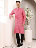 MULTI SHADES Men's Pink Straight Cotton Printed Kurta,Black Solid Trouser Style Churidar | Grocsy