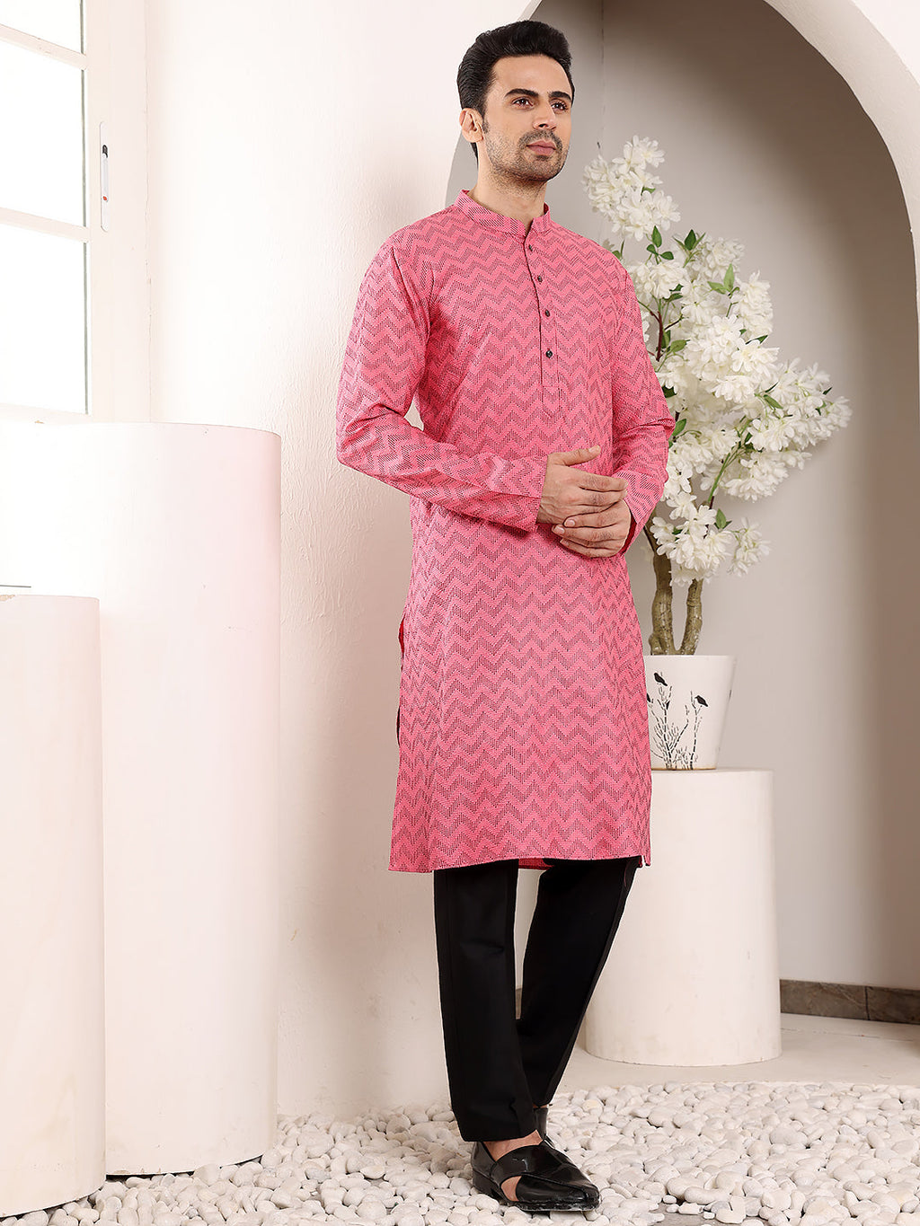 MULTI SHADES Men's Pink Straight Cotton Printed Kurta,Black Solid Trouser Style Churidar | Grocsy