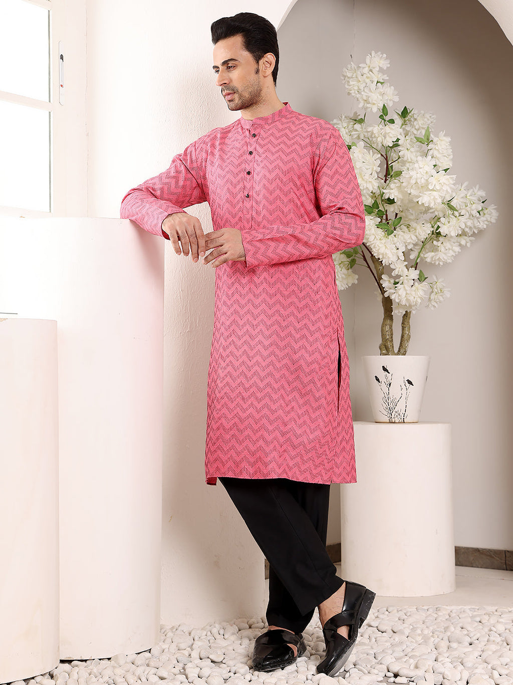 MULTI SHADES Men's Pink Straight Cotton Printed Kurta,Black Solid Trouser Style Churidar | Grocsy