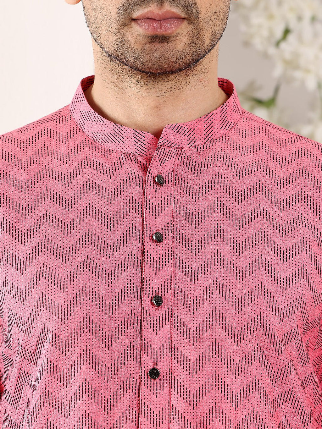 MULTI SHADES Men's Pink Straight Cotton Printed Kurta,Black Solid Trouser Style Churidar | Grocsy