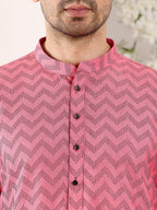MULTI SHADES Men's Long Sleeve Mandarin Collar Pink Straight Cotton Printed Kurta | Grocsy