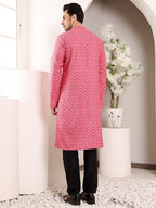MULTI SHADES Men's Pink Straight Cotton Printed Kurta,Black Solid Trouser Style Churidar | Grocsy