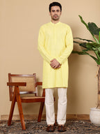 MULTI SHADES Men's Long Sleeve Mandarin Collar Rayon Silk Straight Classic Yellow Chikankari Kurta | Grocsy