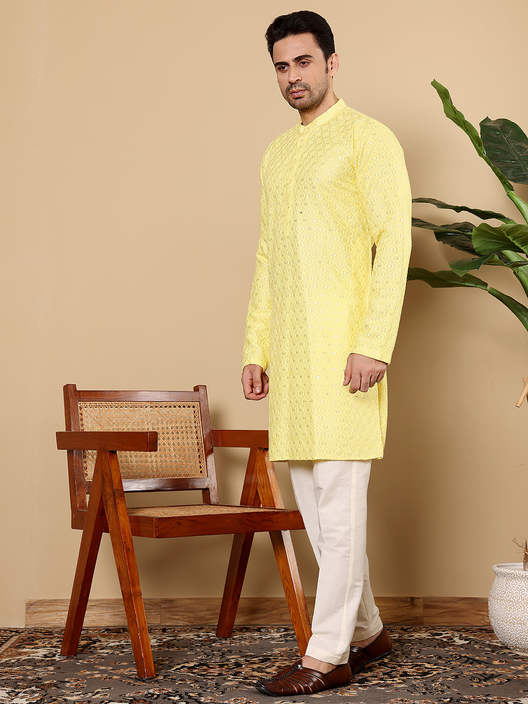 MULTI SHADES Men's Rayon Silk Straight Classic Yellow Chikankari Kurta,Off White Solid Trouser Style Churidar | Grocsy