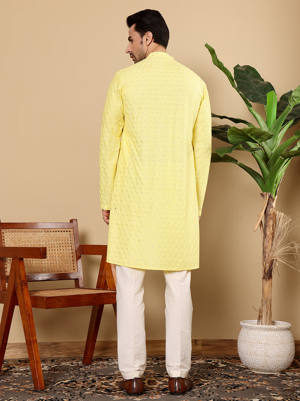 MULTI SHADES Men's Rayon Silk Straight Classic Yellow Chikankari Kurta,Off White Solid Trouser Style Churidar | Grocsy