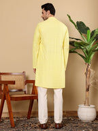 MULTI SHADES Men's Rayon Silk Straight Classic Yellow Chikankari Kurta,Off White Solid Trouser Style Churidar | Grocsy