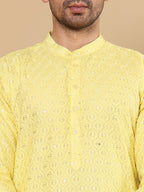 MULTI SHADES Men's Rayon Silk Straight Classic Yellow Chikankari Kurta,Off White Solid Trouser Style Churidar | Grocsy
