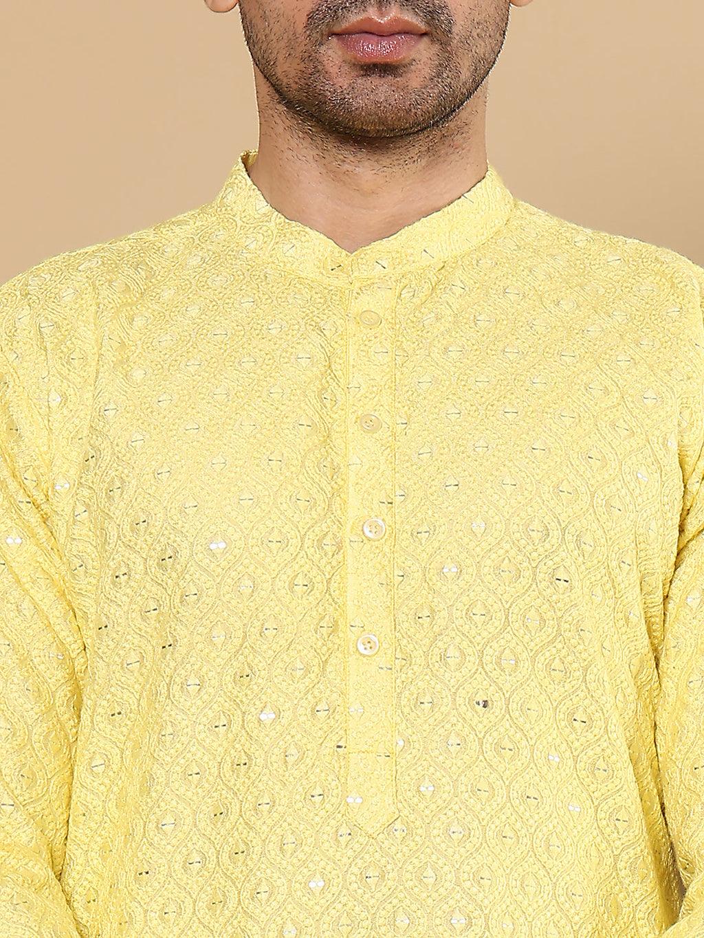 MULTI SHADES Men's Long Sleeve Mandarin Collar Rayon Silk Straight Classic Yellow Chikankari Kurta | Grocsy