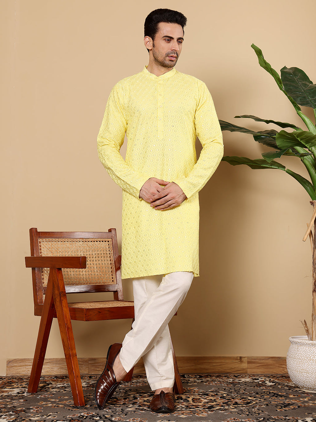 MULTI SHADES Men's Long Sleeve Mandarin Collar Rayon Silk Straight Classic Yellow Chikankari Kurta | Grocsy