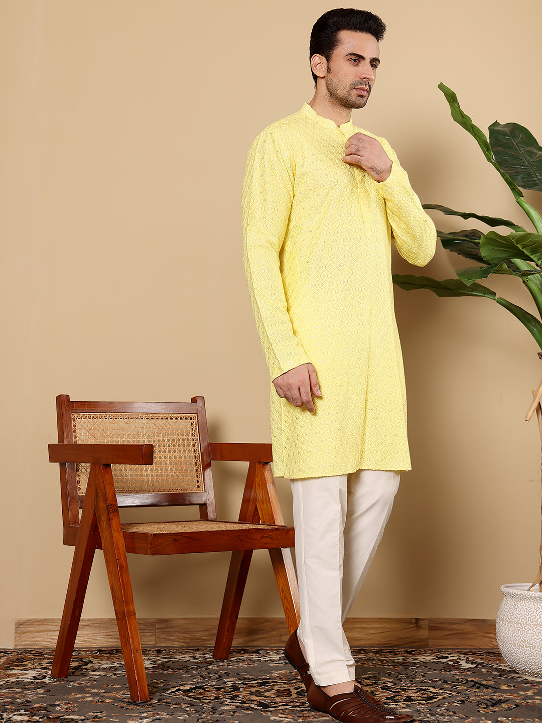MULTI SHADES Men's Rayon Silk Straight Classic Yellow Chikankari Kurta,Off White Solid Trouser Style Churidar | Grocsy