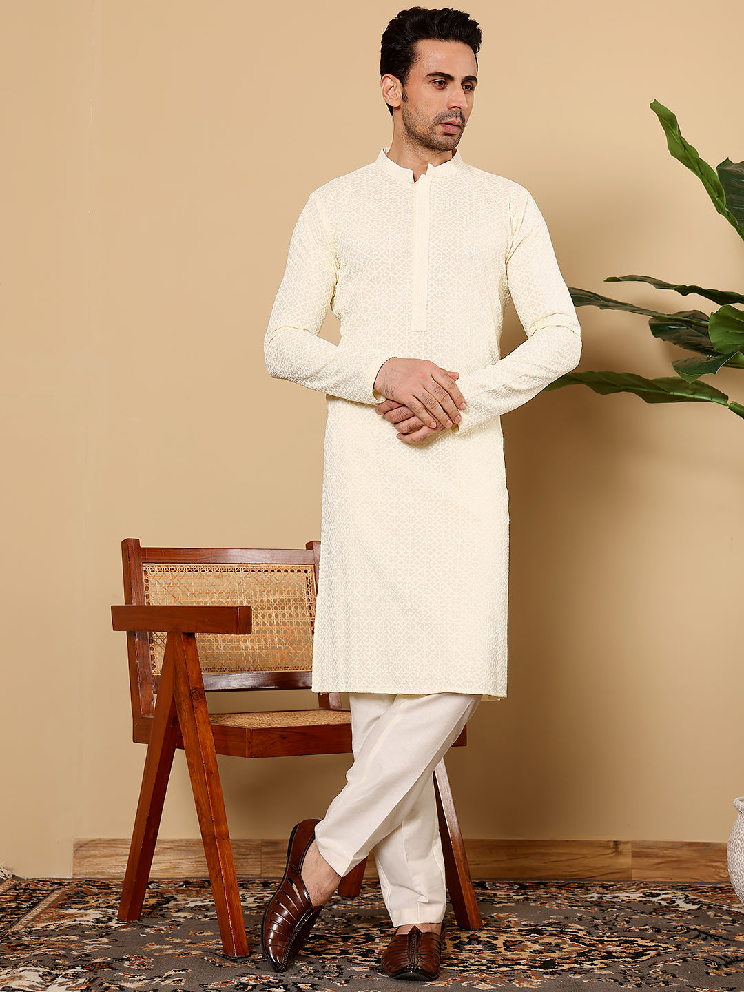 MULTI SHADES Men's Rayon Silk Straight Classic White Chikankari Kurta,Off White Solid Trouser Style Churidar | Grocsy