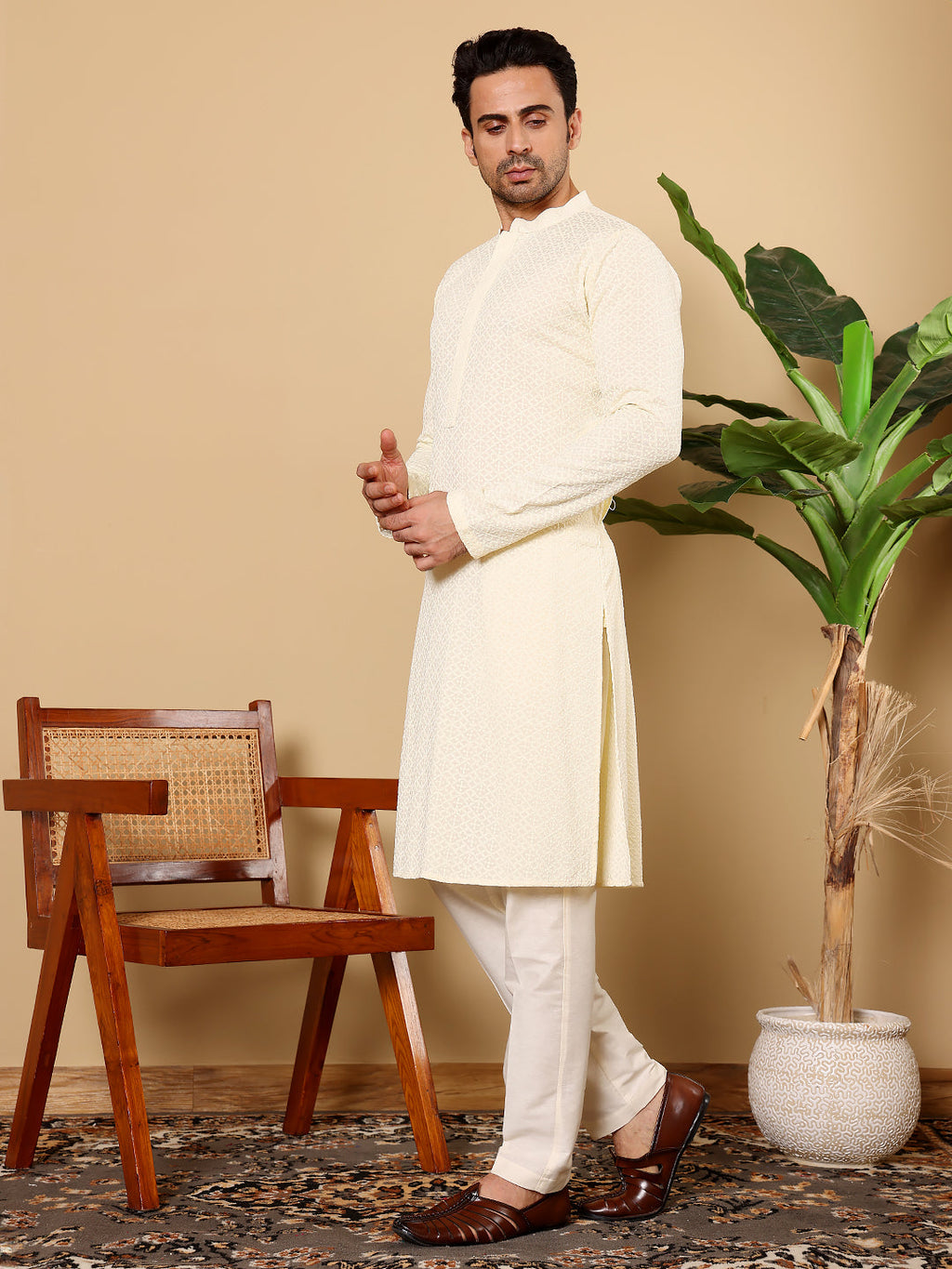 MULTI SHADES Men's Rayon Silk Straight Classic White Chikankari Kurta,Off White Solid Trouser Style Churidar | Grocsy