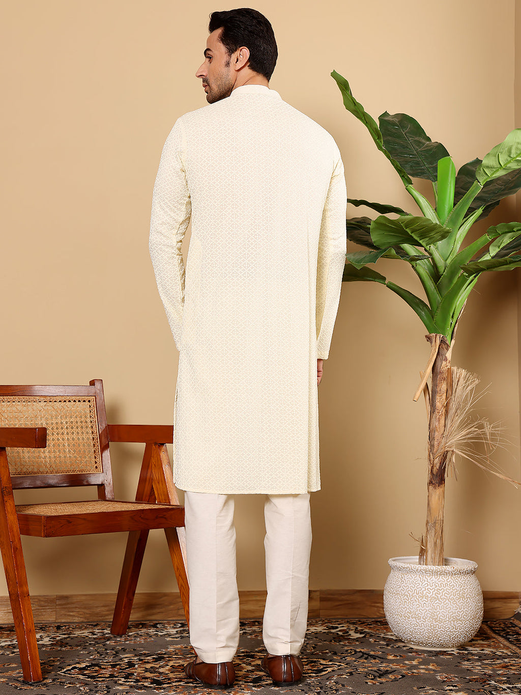 MULTI SHADES Men's Rayon Silk Straight Classic White Chikankari Kurta,Off White Solid Trouser Style Churidar | Grocsy