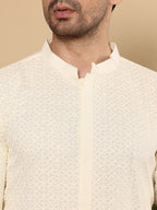 MULTI SHADES Men's Rayon Silk Straight Classic White Chikankari Kurta,Off White Solid Trouser Style Churidar | Grocsy