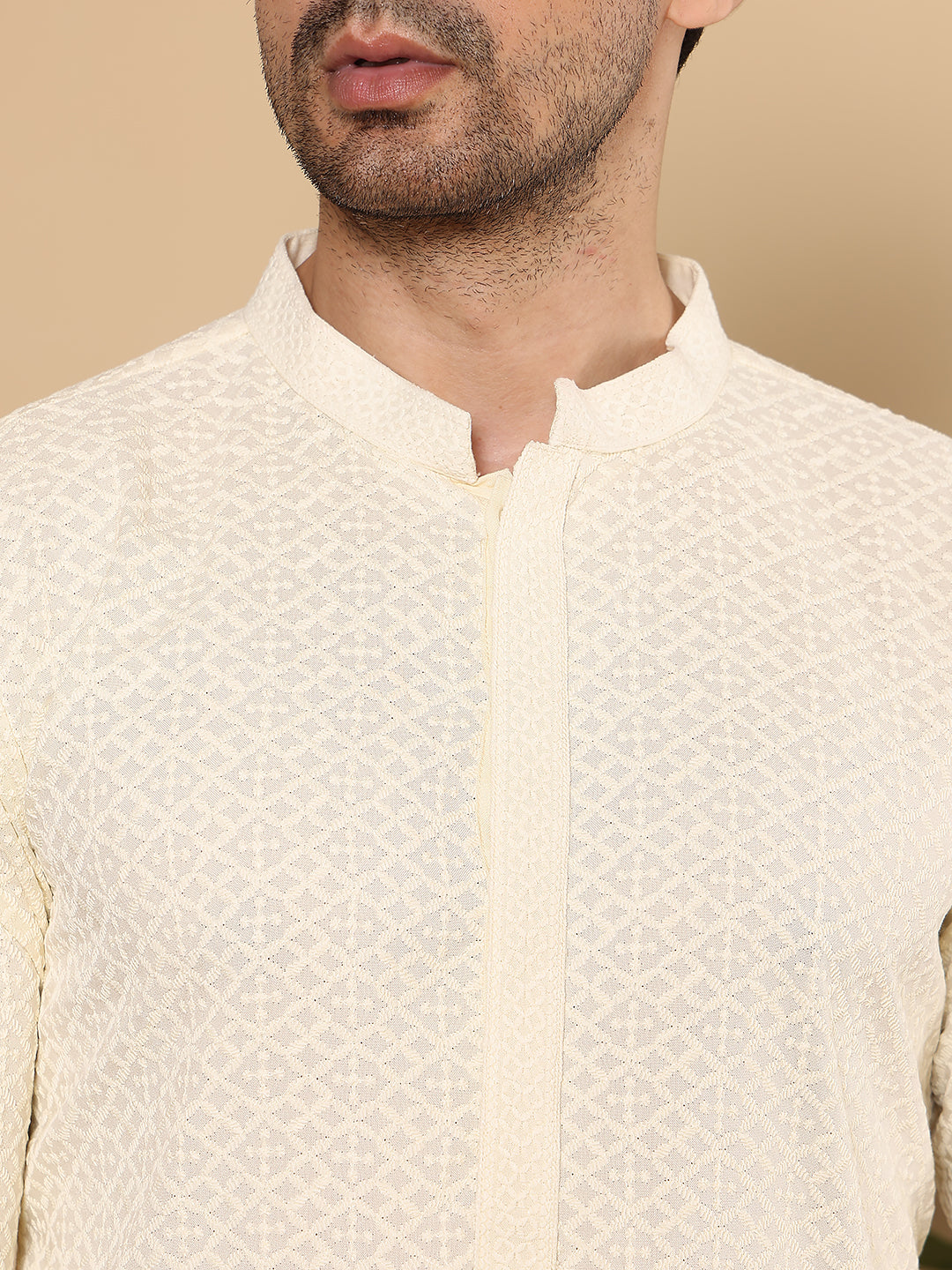MULTI SHADES Men's Rayon Silk Straight Classic White Chikankari Kurta,Off White Solid Trouser Style Churidar | Grocsy