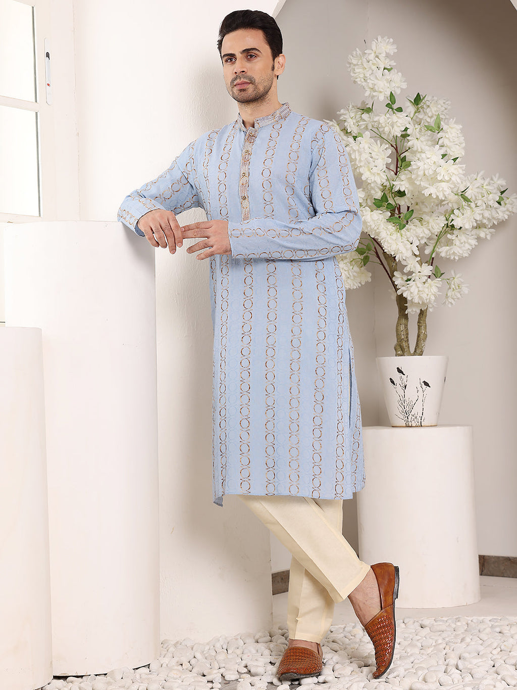 MULTI SHADES Men's Long Sleeve Mandarin Collar Elegant Printed Blue Straight Cotton Kurta | Grocsy