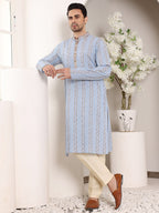 MULTI SHADES Men's Long Sleeve Mandarin Collar Elegant Printed Blue Straight Cotton Kurta | Grocsy