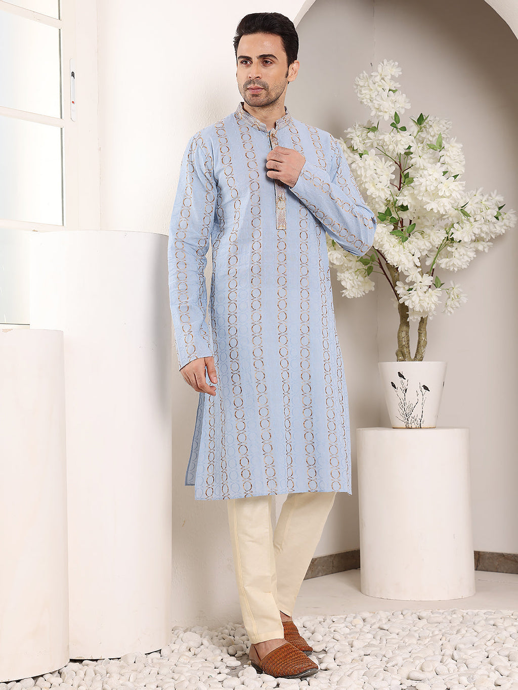 MULTI SHADES Men's Elegant Printed Blue Straight Cotton Kurta,Cream Solid Trouser Style Churidar | Grocsy