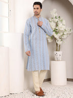 MULTI SHADES Men's Elegant Printed Blue Straight Cotton Kurta,Cream Solid Trouser Style Churidar | Grocsy