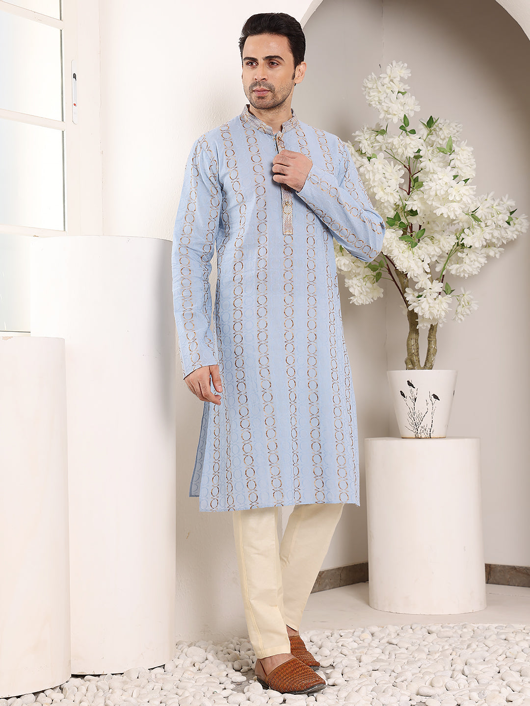 MULTI SHADES Men's Elegant Printed Blue Straight Cotton Kurta,Cream Solid Trouser Style Churidar | Grocsy